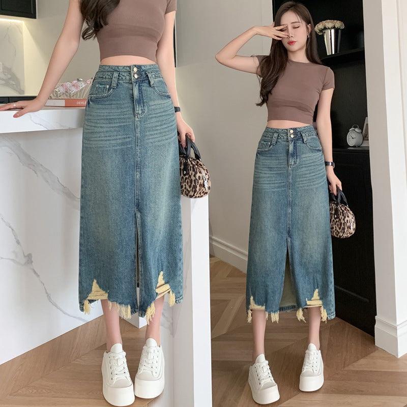 Damen Denimrock Lang Mit Seitlichem Schlitz Und Fransen