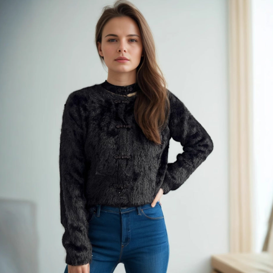 Damen Pullover Hochgeschlossen Kuschelig Dekorative Knöpfe Beige