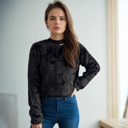 Damen Pullover Hochgeschlossen Kuschelig Dekorative Knöpfe Beige