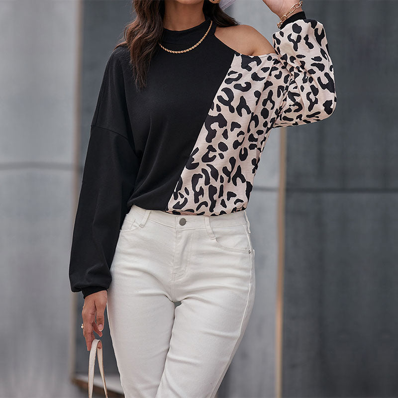 Damen Langarmshirt Leopardenmuster Asymmetrisch