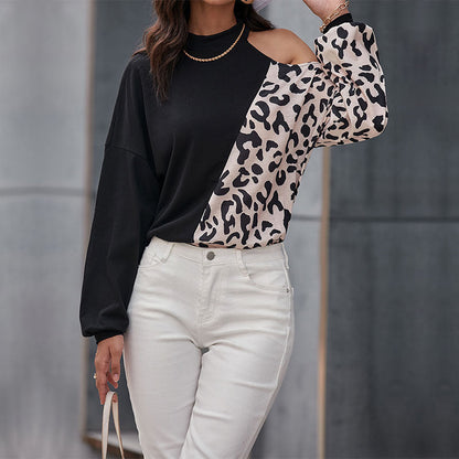 Damen Langarmshirt Leopardenmuster Asymmetrisch