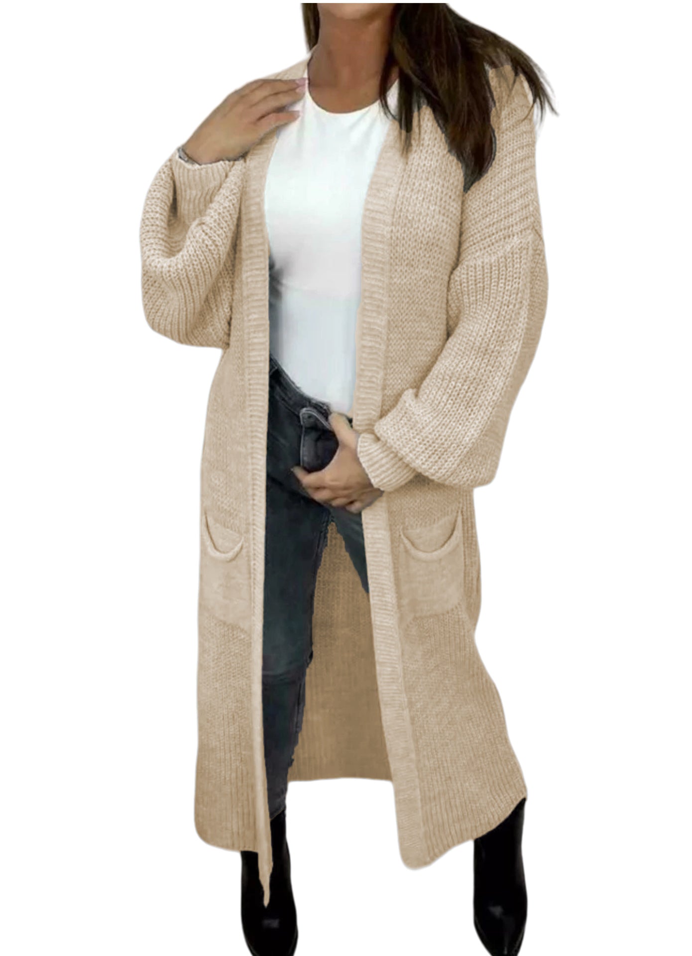 Damen Grobstrickmantel Offen Lässig Beige