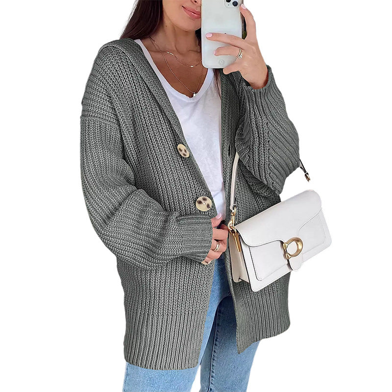 Damen Oversize Strickjacke Grobstrick Weich Holzknöpfe Beige