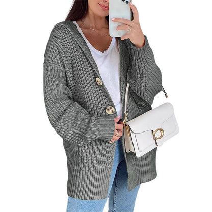 Damen Oversize Strickjacke Grobstrick Weich Holzknöpfe Beige