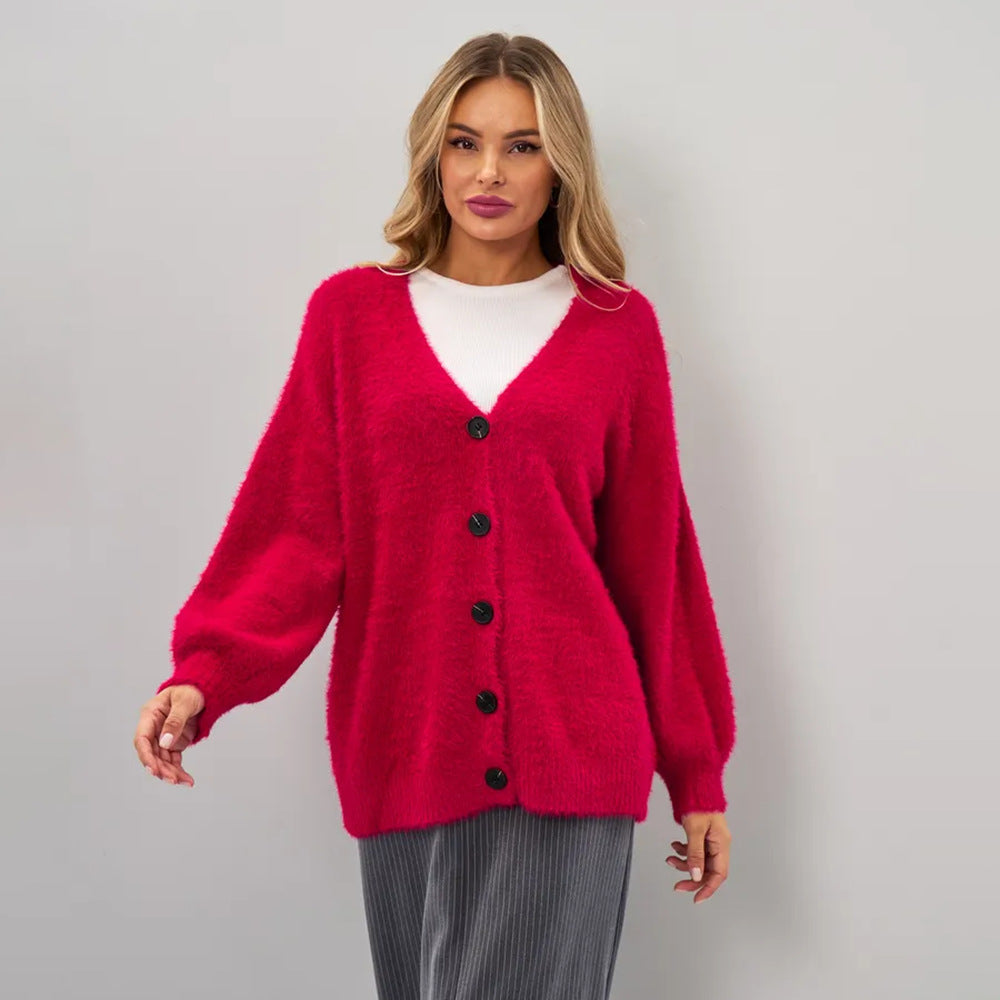 Damen Strickjacke Flauschig V-Ausschnitt Knöpfe