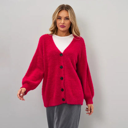 Damen Strickjacke Flauschig V-Ausschnitt Knöpfe