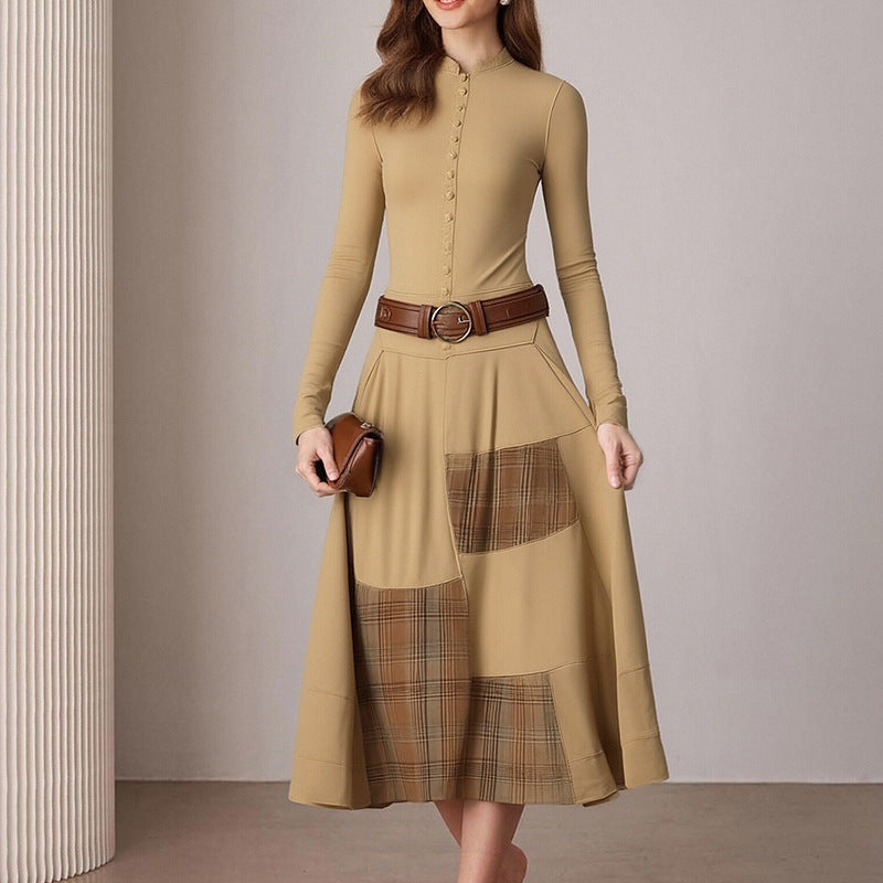 Damen Elegantes Midi-Kleid Knopfleiste Kontrastdetails