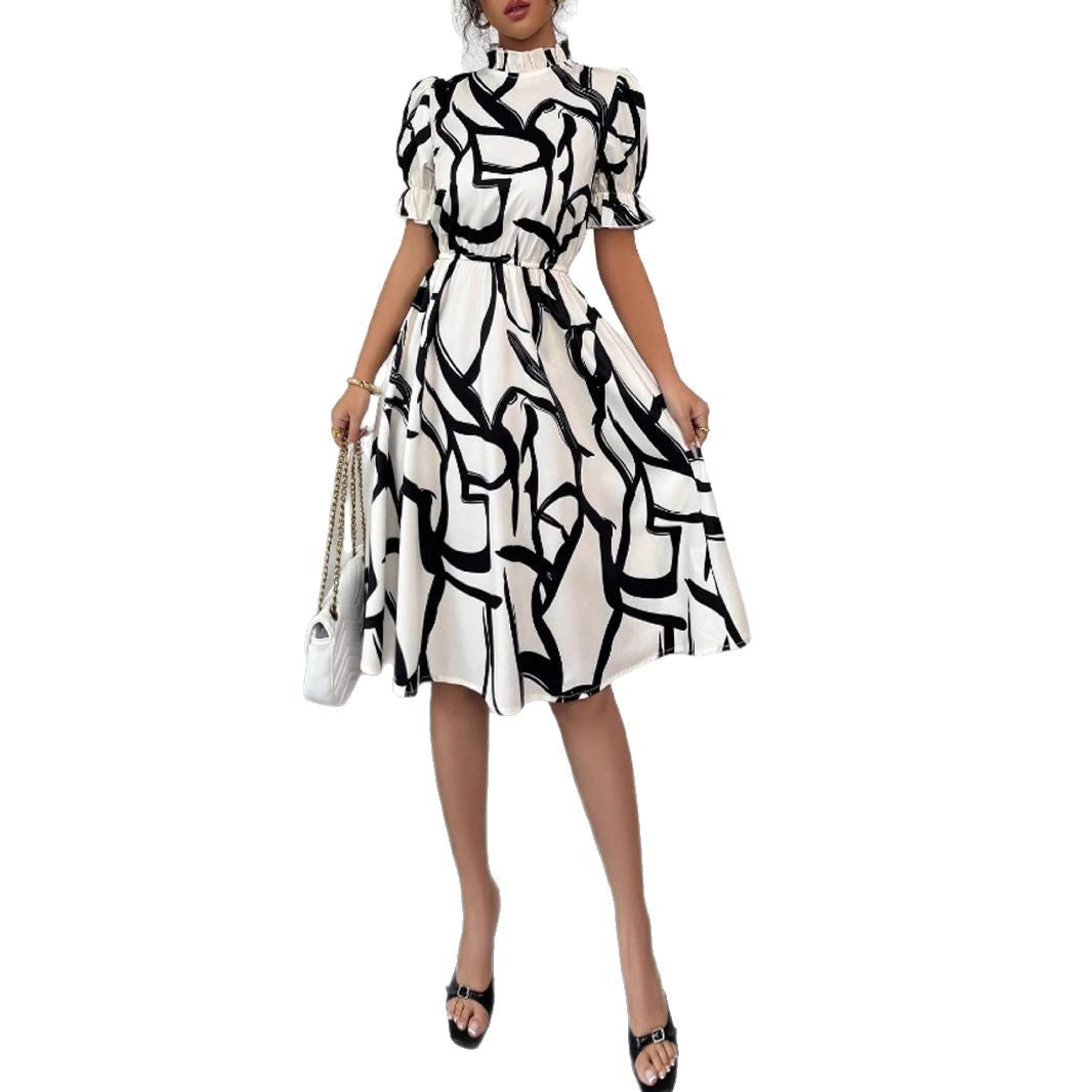 Damen Midi-Kleid Pflanzenmuster Gummizug Eveloria