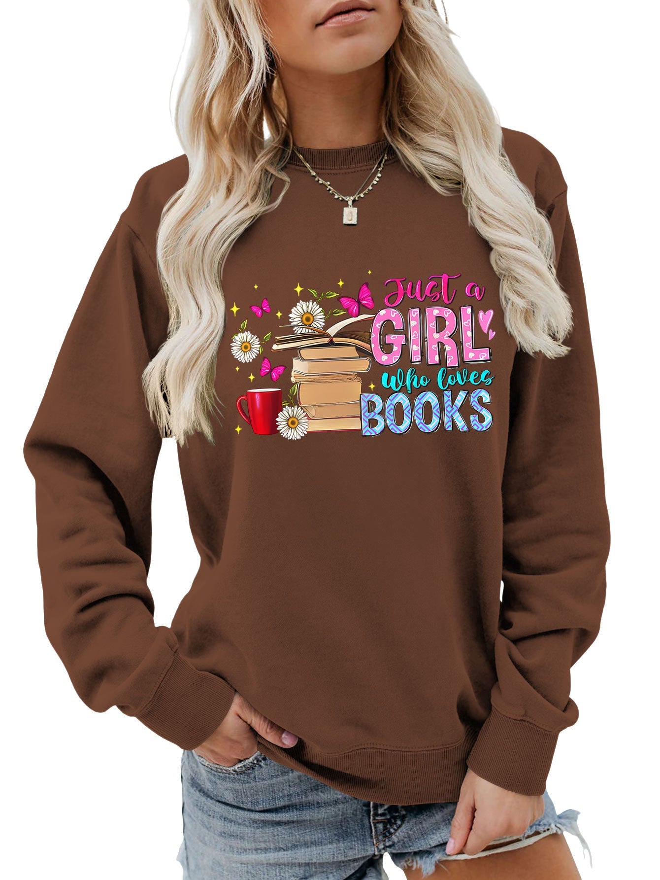 Damen Sweatshirt Buchmotiv Lässig Grau Eveloria