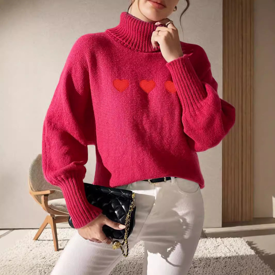 Damen Pullover Hochkragen Herzapplikationen Eveloria