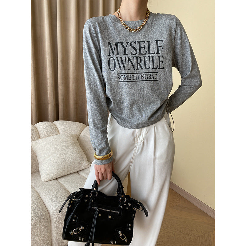Damen Langarm-T-Shirt Lässig Mit Schriftzug Grau
