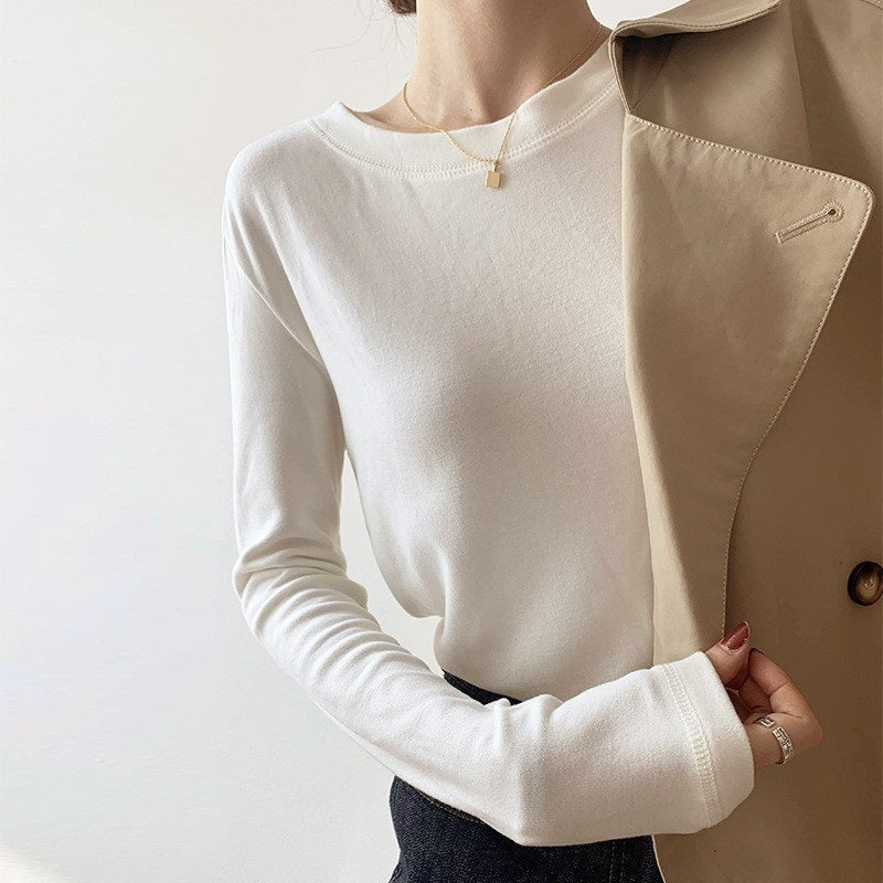 Damen Langarmshirt Weiches Baumwollstoff Lässiger Schnitt Beige