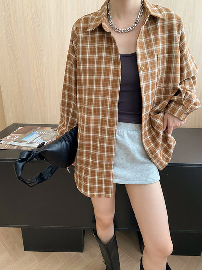 Damen Karobluse Oversized Feine Details Blau