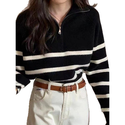 Damen Pullover Streifenmuster mit Reißverschluss Eveloria