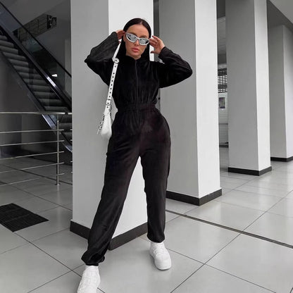 Damen Fleece-Overall Reißverschluss Kapuze Eveloria