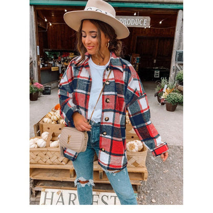 Damen Flanellhemdjacke Karomuster Knopfverschluss Eveloria