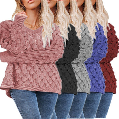 Damen Grobstrickpullover V-Ausschnitt Wellenmuster Eveloria - Eveloria