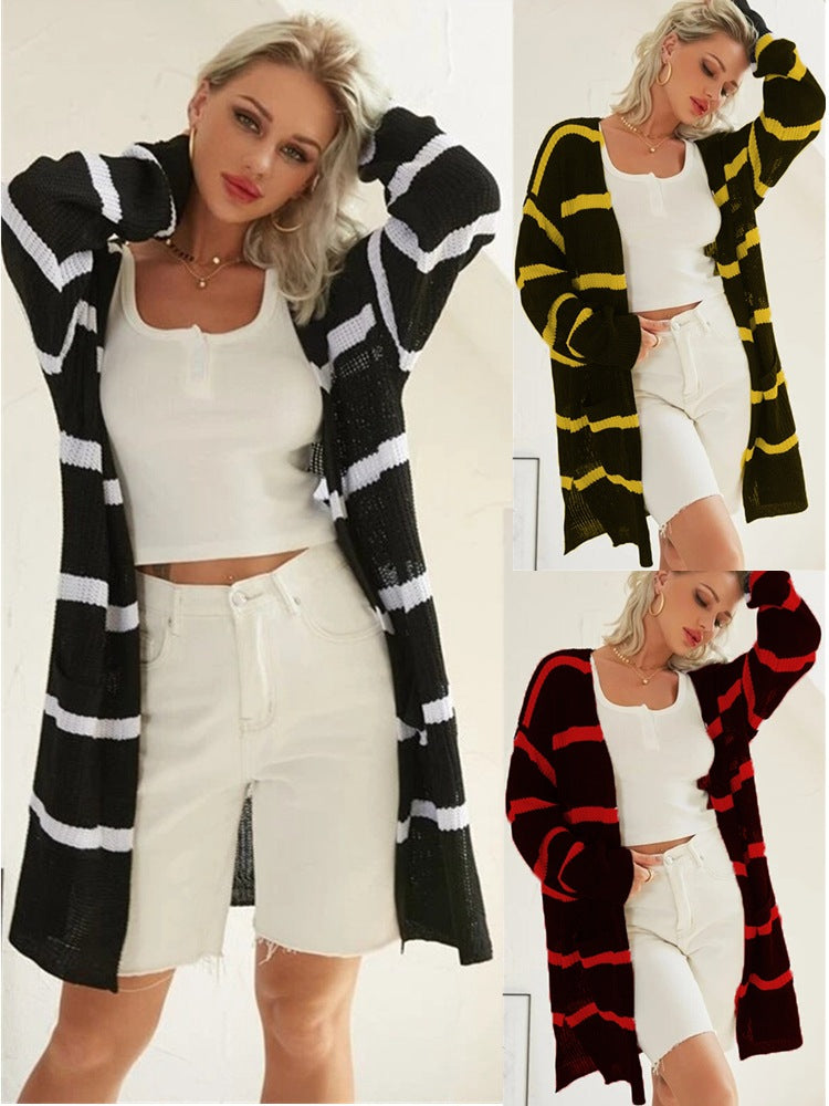 Damen Cardigan Lang Streifen Strick Schwarz Weiß - Eveloria