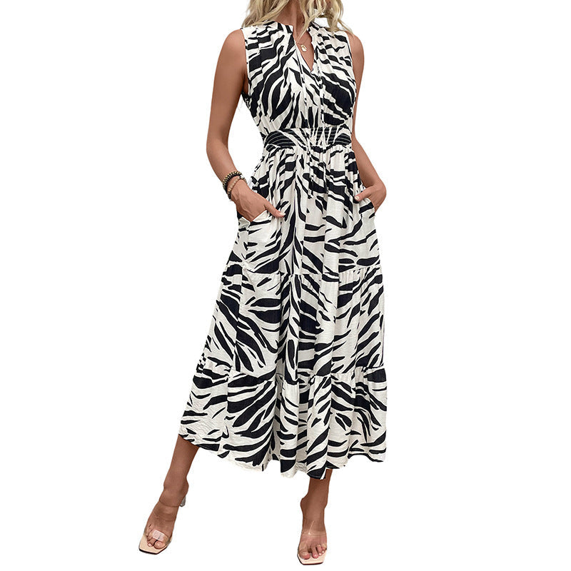 Damen Maxikleid Voluminöser Rock Zebramuster weiß