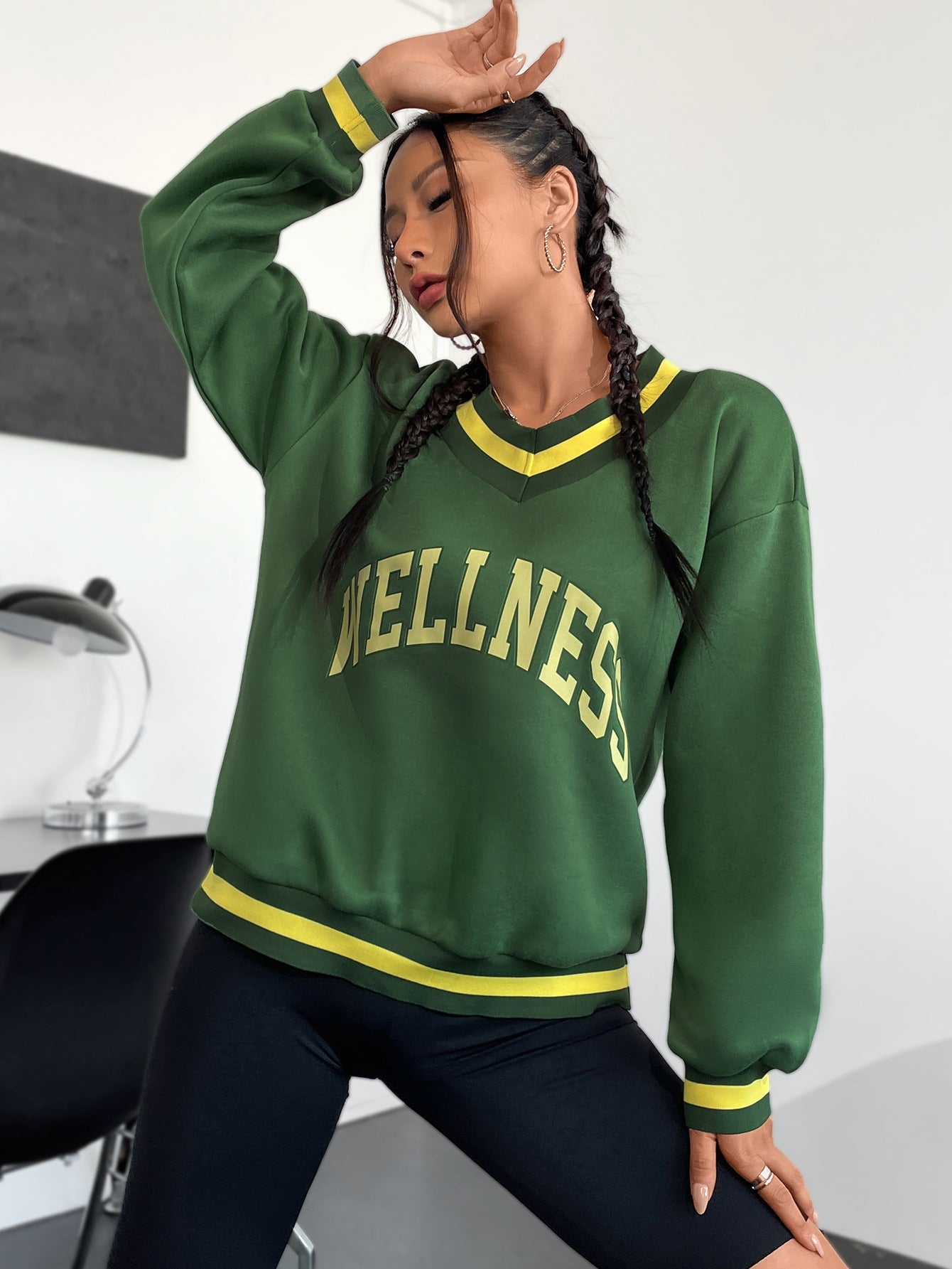 Damen Sweatshirt V-Ausschnitt Wellness-Print Grau