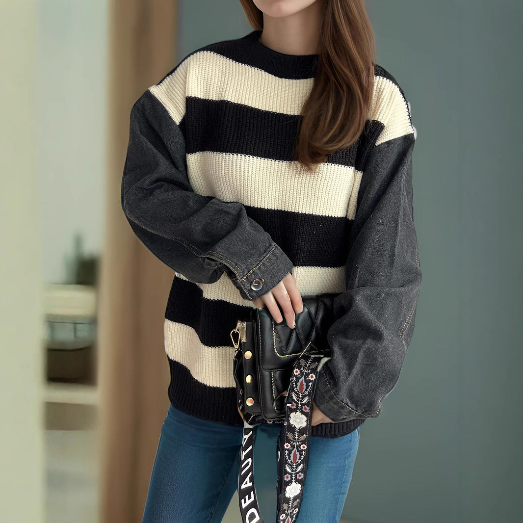 Damen Oversized Pullover Streifen Weiches Baumwoll-Mix Beige
