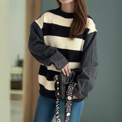 Damen Oversized Pullover Streifen Weiches Baumwoll-Mix Beige