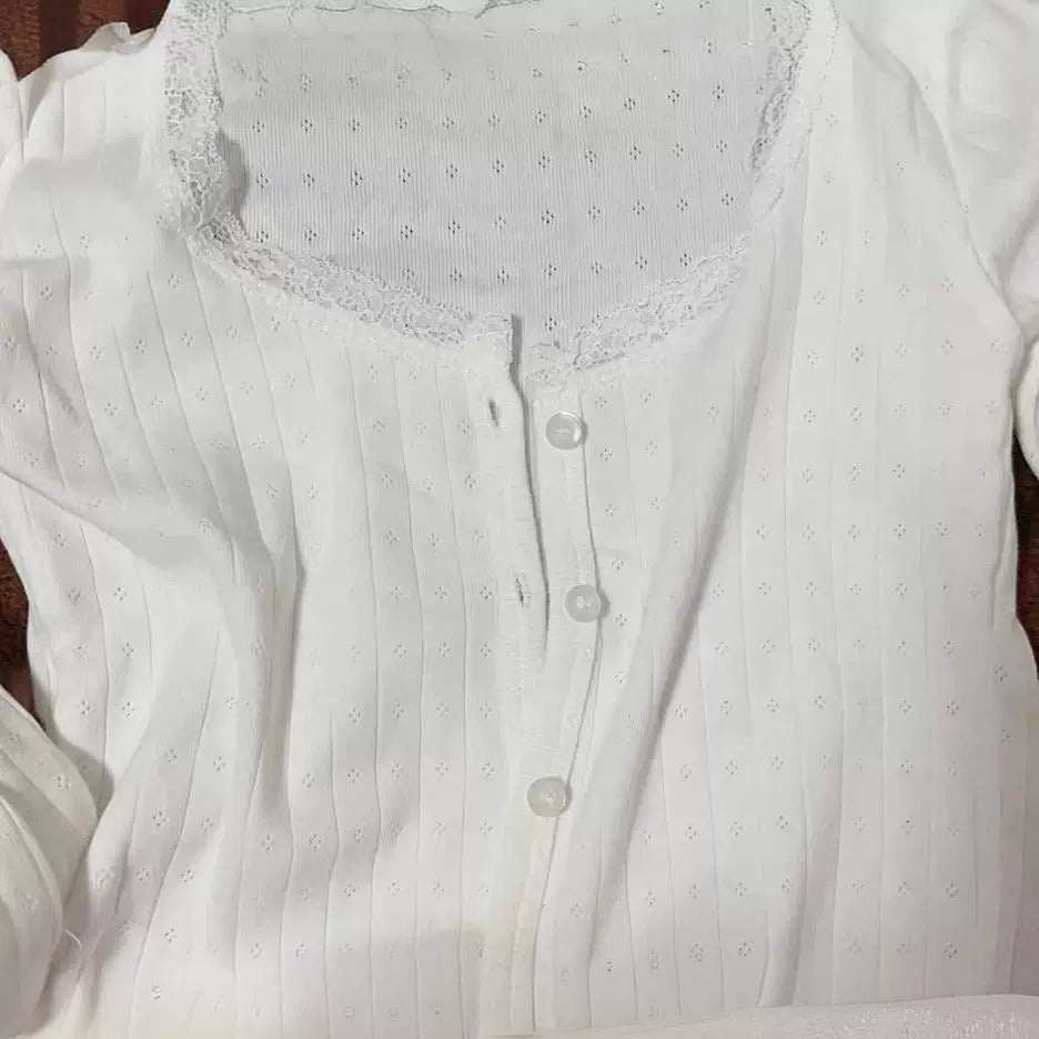Damen Langarmshirt feine Spitze Weiß