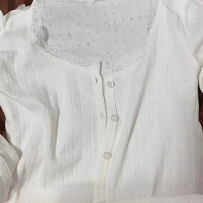 Damen Langarmshirt feine Spitze Weiß