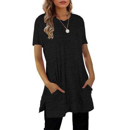 Damen Langarm-Tunika mit Seitentaschen Asymmetrischer Saum