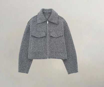 Damen Cropped Winterjacke Klassischer Kragen Brusttaschen