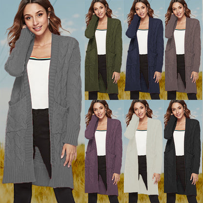 Damen Cardigan Grobstrick Zopfmuster Beige mit Taschen - Eveloria