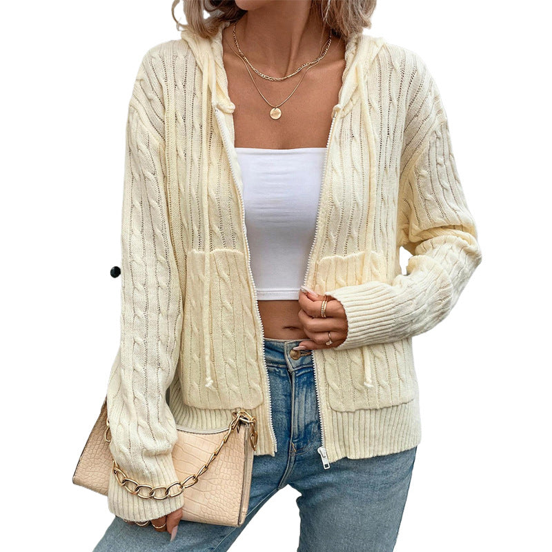 Damen Strickjacke Kapuze Reißverschluss Eveloria