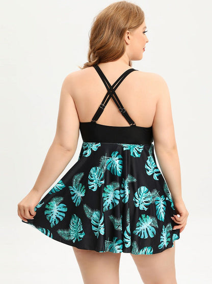 Eveloria Damen Badeanzugkleid Plus Size V-Ausschnitt mit Kreuzträgern