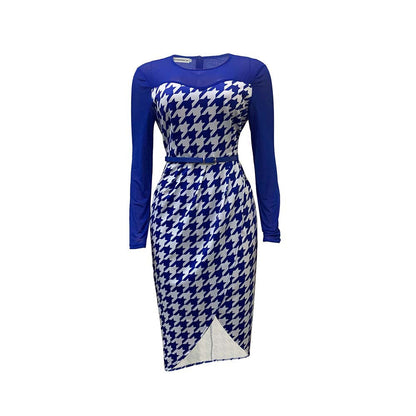 Damen Kleid Langarm Hahnentritt-Design Eveloria