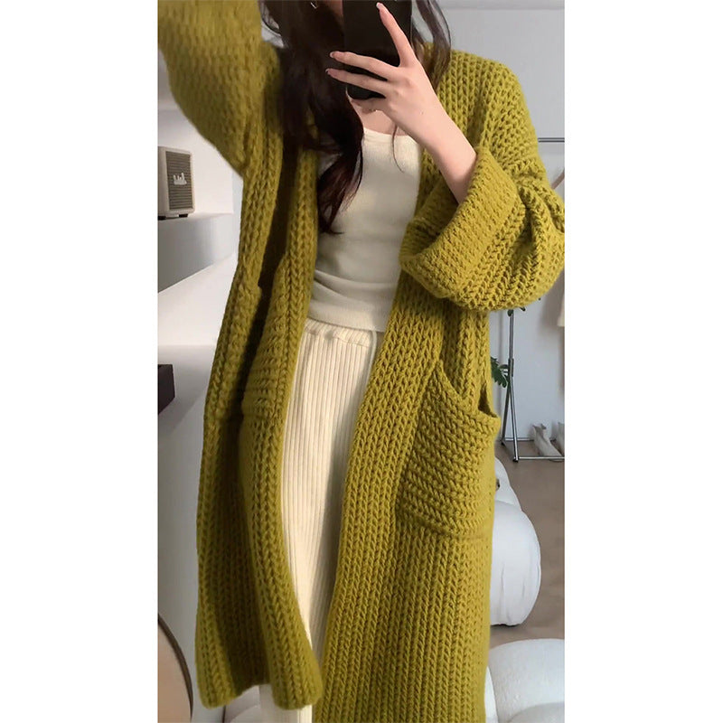 Damen Cardigan Grobstrick Offene Taschen Lässig Beige