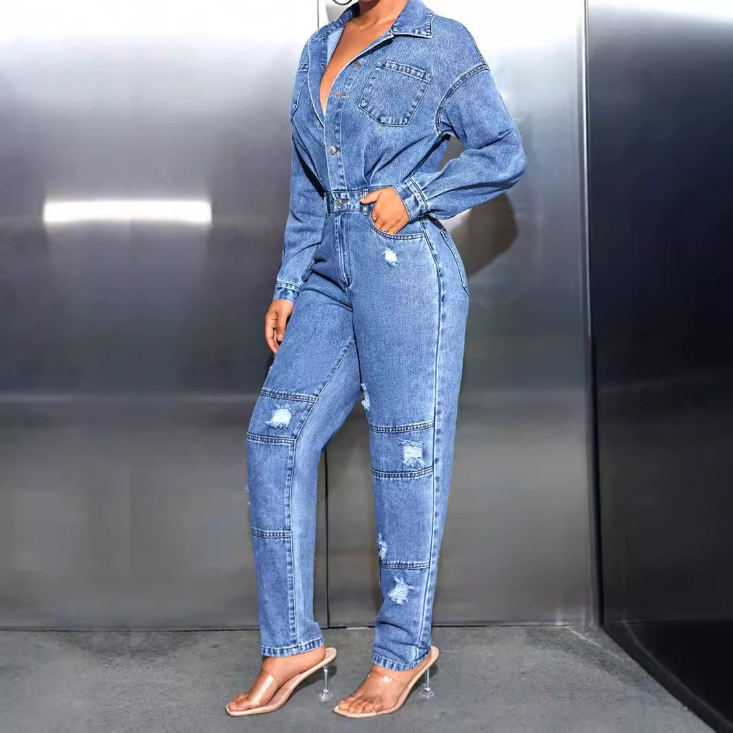 Damen Jeansoverall Tailliert Destroyed Blau Eveloria