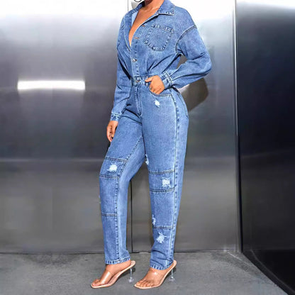 Damen Jeansoverall Tailliert Destroyed Blau Eveloria