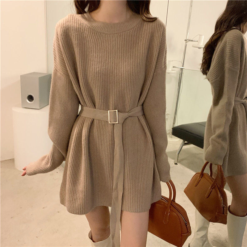Damen Strickkleid Taillengürtel Lockerer Schnitt Beige