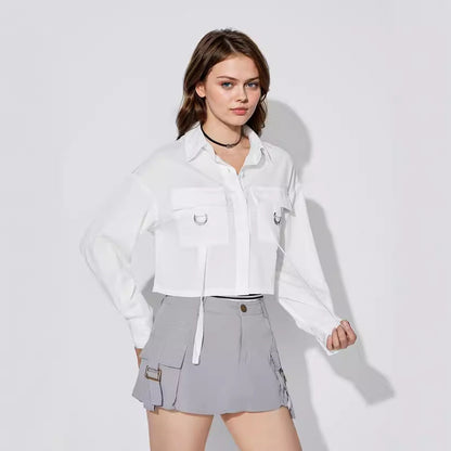 Damen Cropped Bluse mit Taschen und Modernen Details