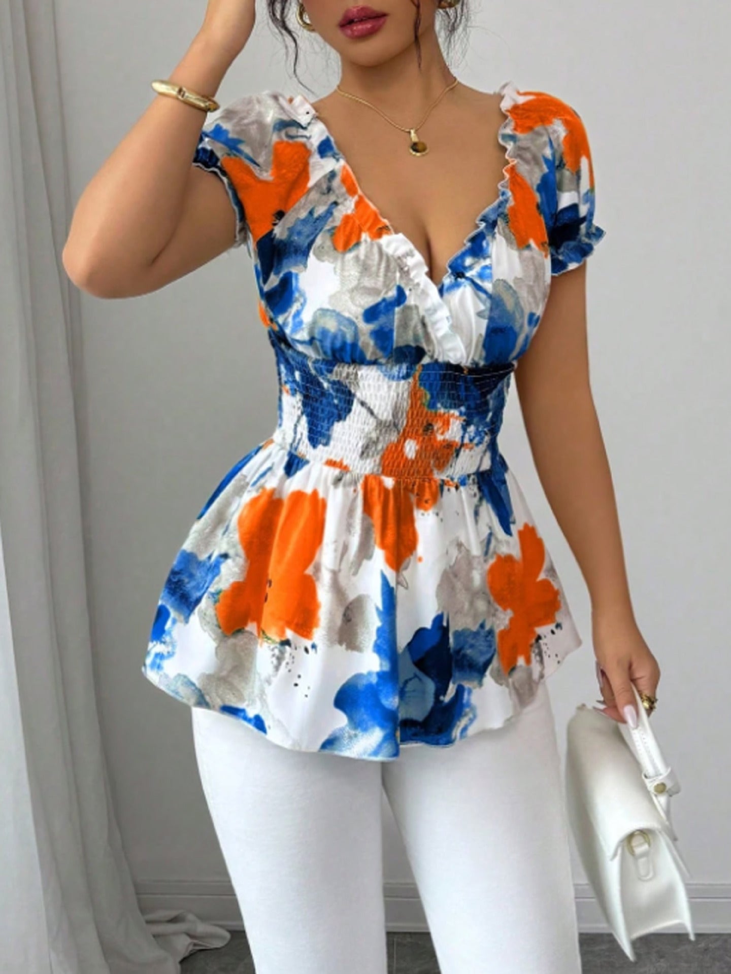 Damen Bluse Elastisch Floral Weiße Rüschen
