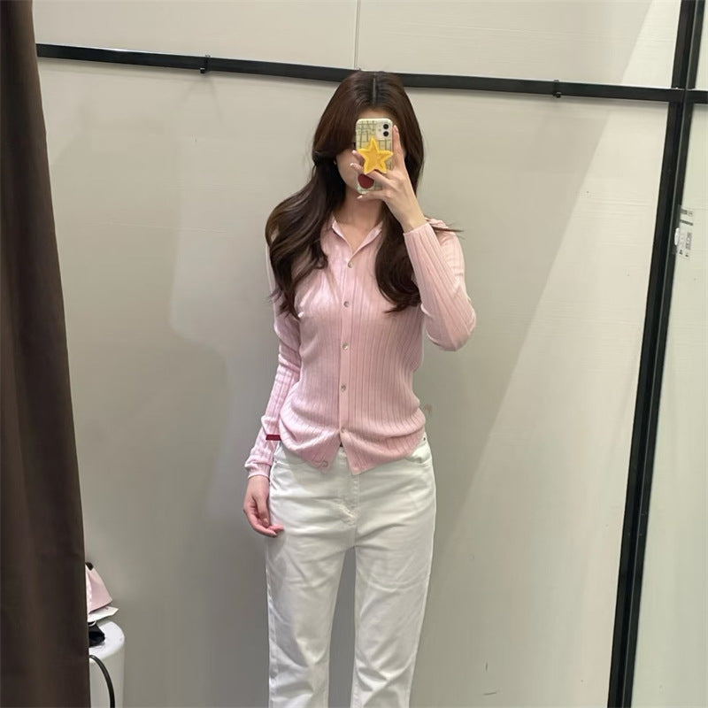 Damen Feinstrickbluse mit Kragen und Knöpfen Elegant Weiß