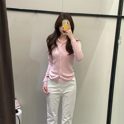 Damen Feinstrickbluse mit Kragen und Knöpfen Elegant Weiß