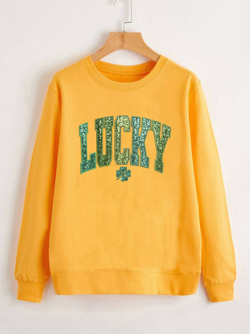 Damen Sweatshirt Glitzernd Kleeblattmotiv Grau Eveloria