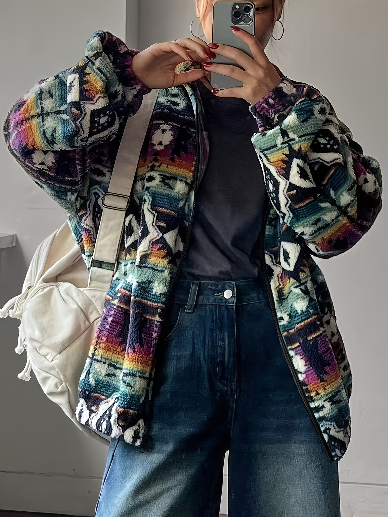 Damen Fleecejacke Bunt Muster Weich Eveloria