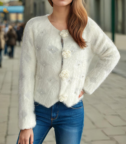 Damen Strickjacke Blumenapplikationen Perlenakzente Eveloria