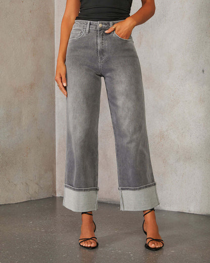 Damen Weite Denim-Jeans Kontrast-Säume Blau Eveloria