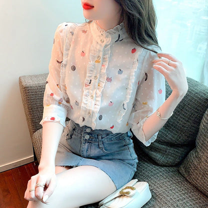 Damen Bluse Floralmuster Geraffte Ärmel