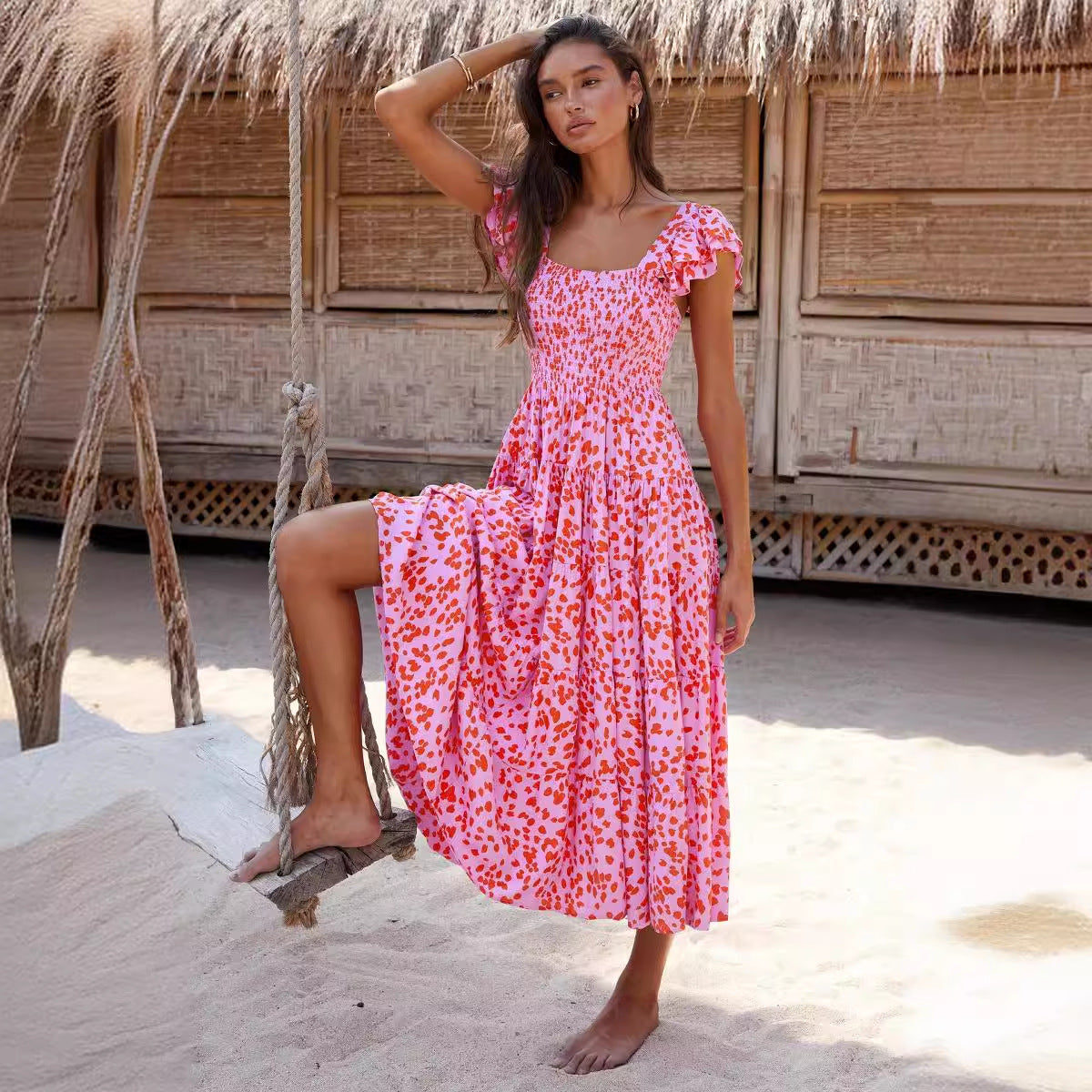 Damen Midi-Kleid Luftig Volantärmel Schwingender Saum Eveloria