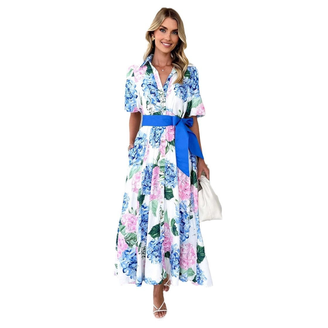 Damen Maxikleid Floral mit Gürtel Weich
