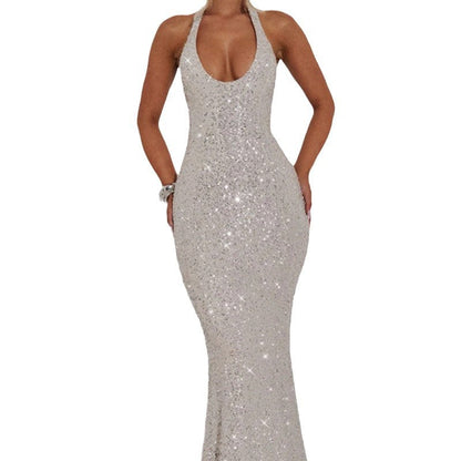 Damen Maxi-Kleid Pailletten V-Ausschnitt schmal Eveloria